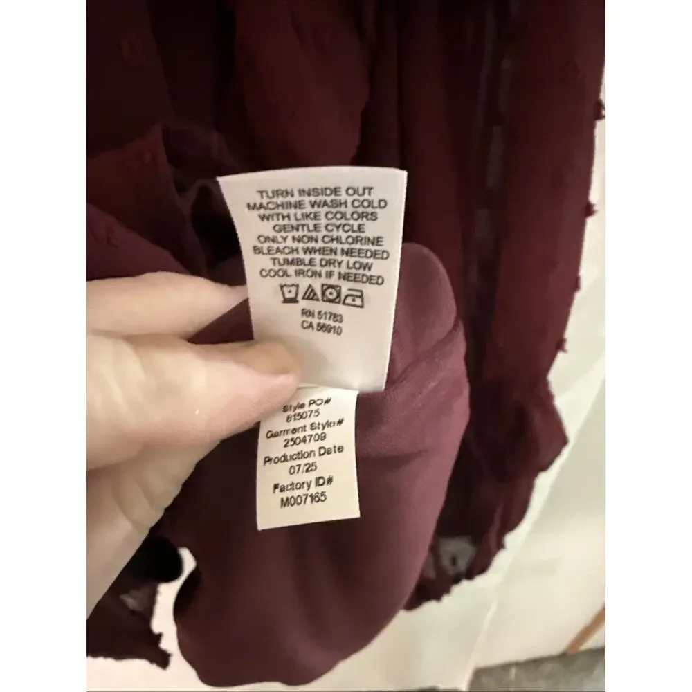 Maurices Blouse Womens XL Burgundy Lined Sheer Pullover Long Ruffle Sleeves NWT